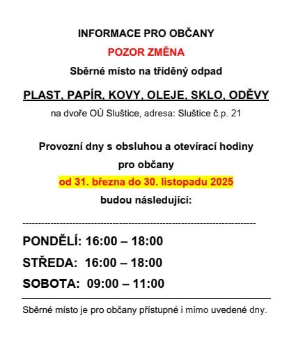 Sběrné místo - změna hodin